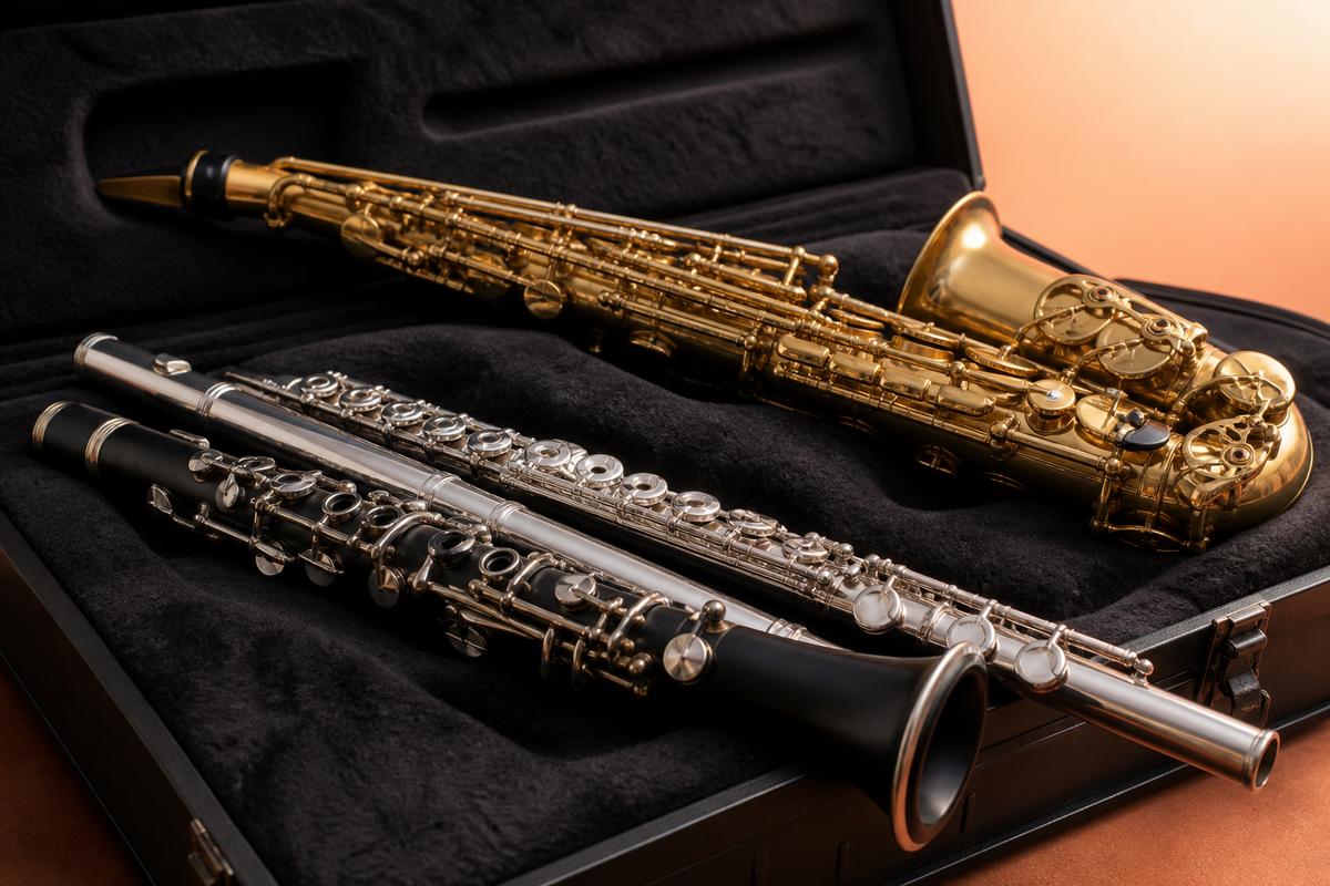 Saxophone, clarinet, and flute in an open case