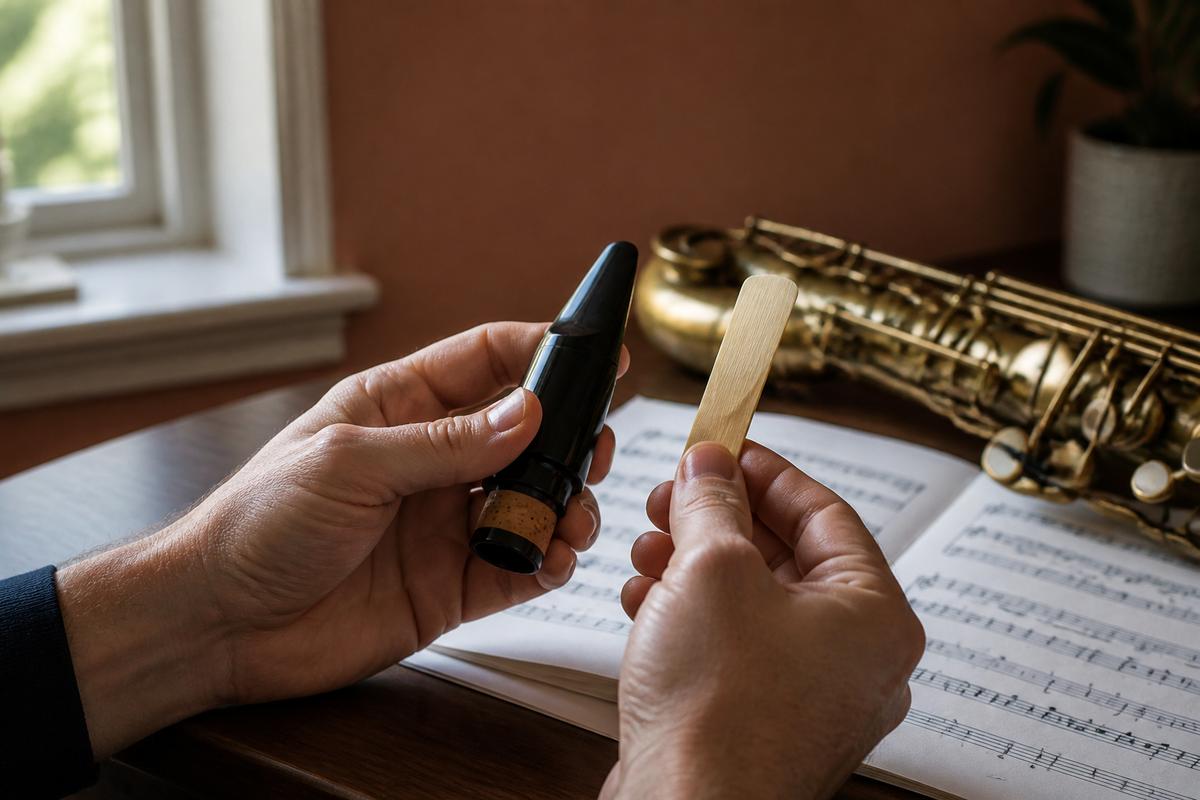 Hands fitting a reed on a saxophone mouthpiece