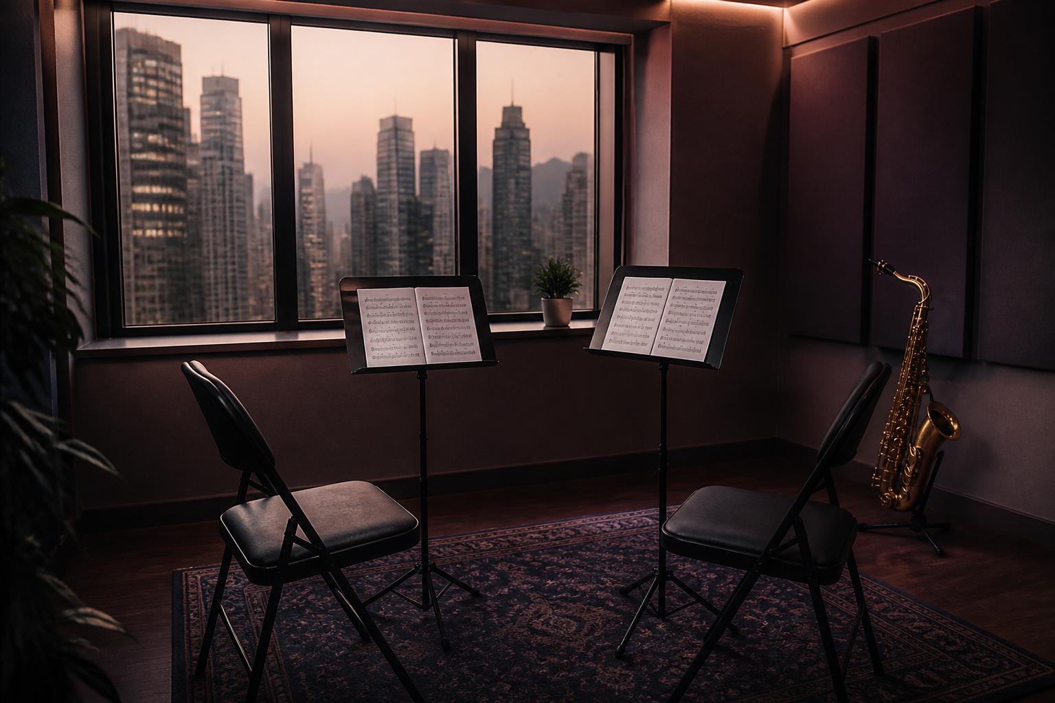 Lesson corner with music stands and saxophone